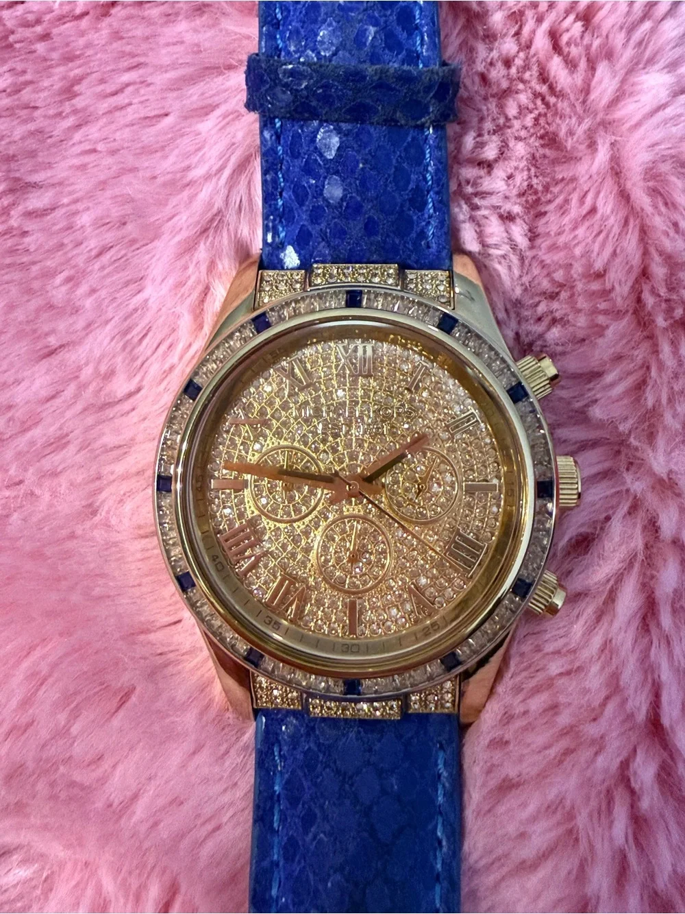 Michael Kors Gold Tone Crystal Pavé Watch with Blue Strap